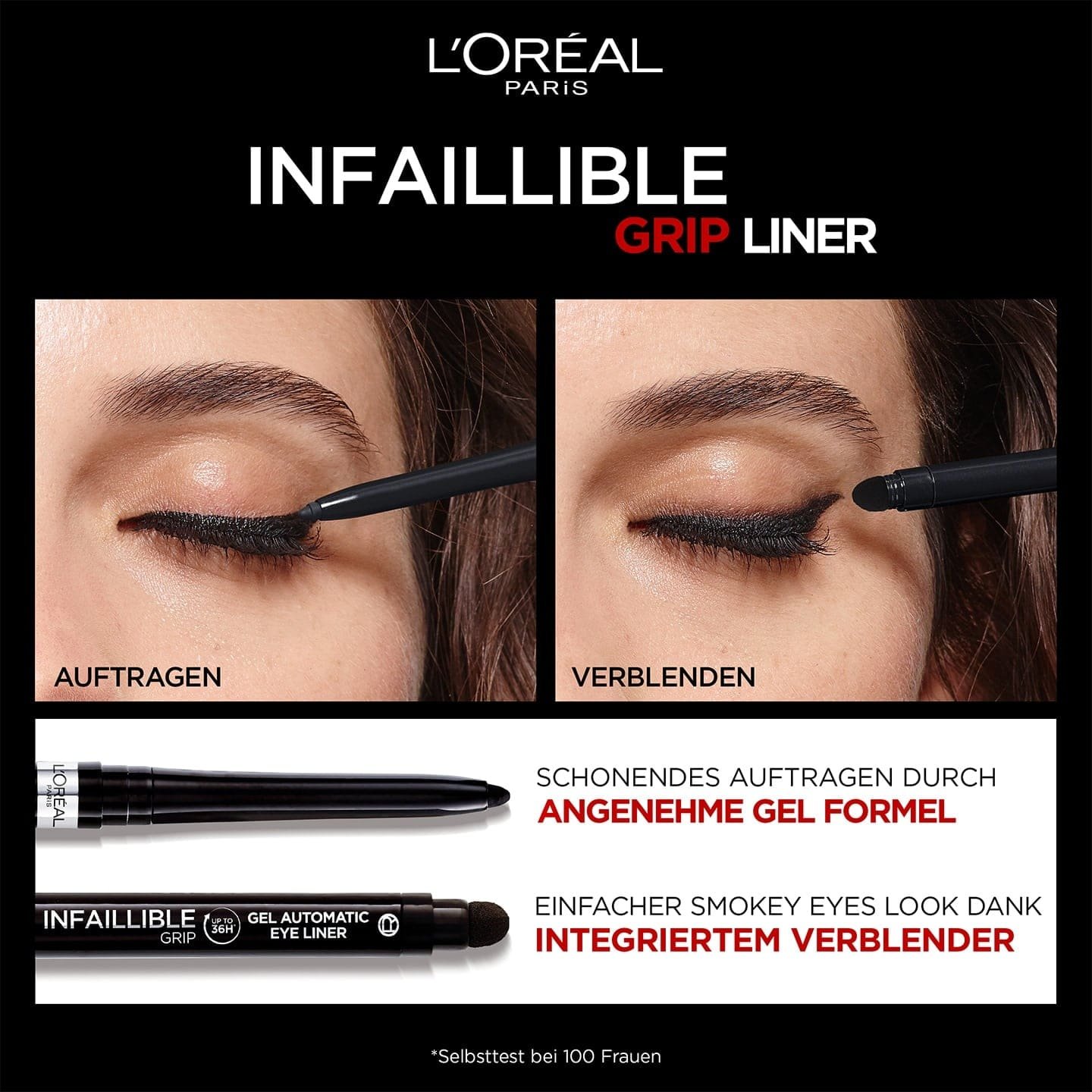 Zwei Bilder mit Augenlidern einer Frau - Anwendungsbeispiel für Auftragen & Verblenden mit dem Eyeliner